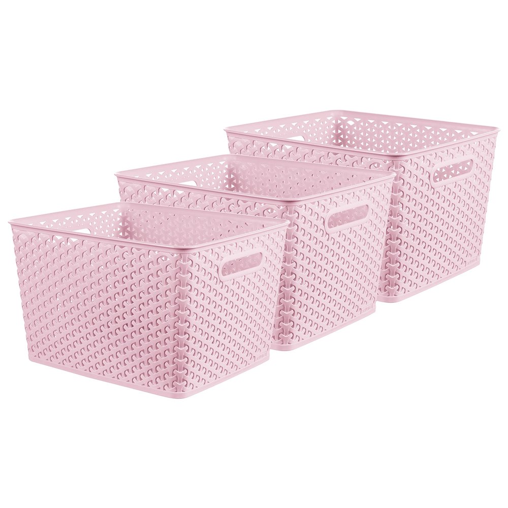 Curver My Style Rattan Effect Set of 3 Kitchen, Living room, Bathroom, Bedroom, Utility Large Rectangular Storage Baskets 18 Litres - Pink