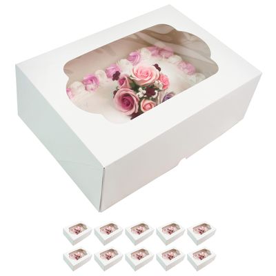 Global Sugar Art 10-Count Extra Deep Quarter Sheet Cake Box with Window, Sturdy, AutoPopup (14 x 10 x 5 Inches, White)