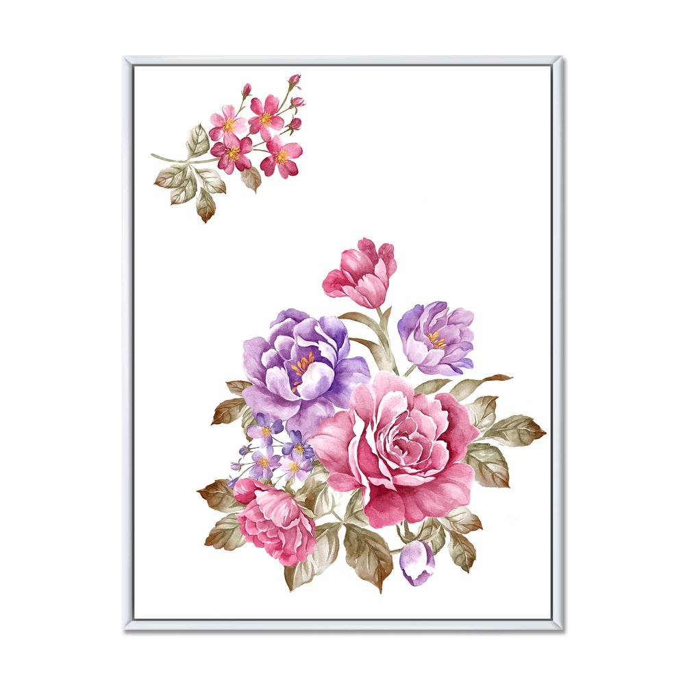 DesignQ Bouquet of Pink and Purple Flowers I - Farmhouse Framed Canvas Wall Art Print