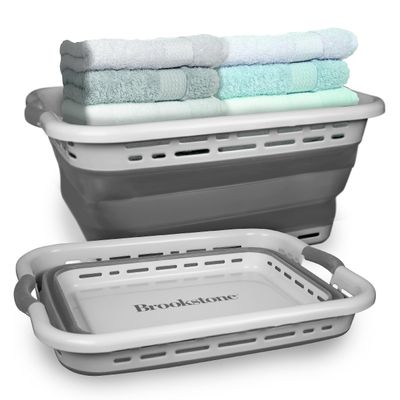 BROOKSTONE 11 GALLON XL 24" Collapsible Laundry Basket & Clothes Hamper, Comfort Non-Slip Handles, Modern Laundry Hamper with Space Saving Design, Portable Pop-Up Hamper, BPA FREE, Light Grey, 1 Pack