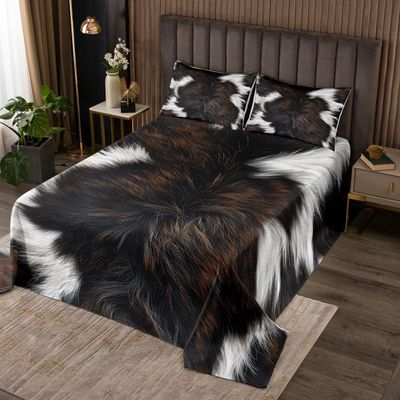 Boys Kids Cow Skin Printed Bedspread Queen Size,Black White Fur Coverlet Set 3 Pieces,Girls Cowhide Print Quilted Soft Warm Home Hotel Dorm Room Decoration No Comforter Filling