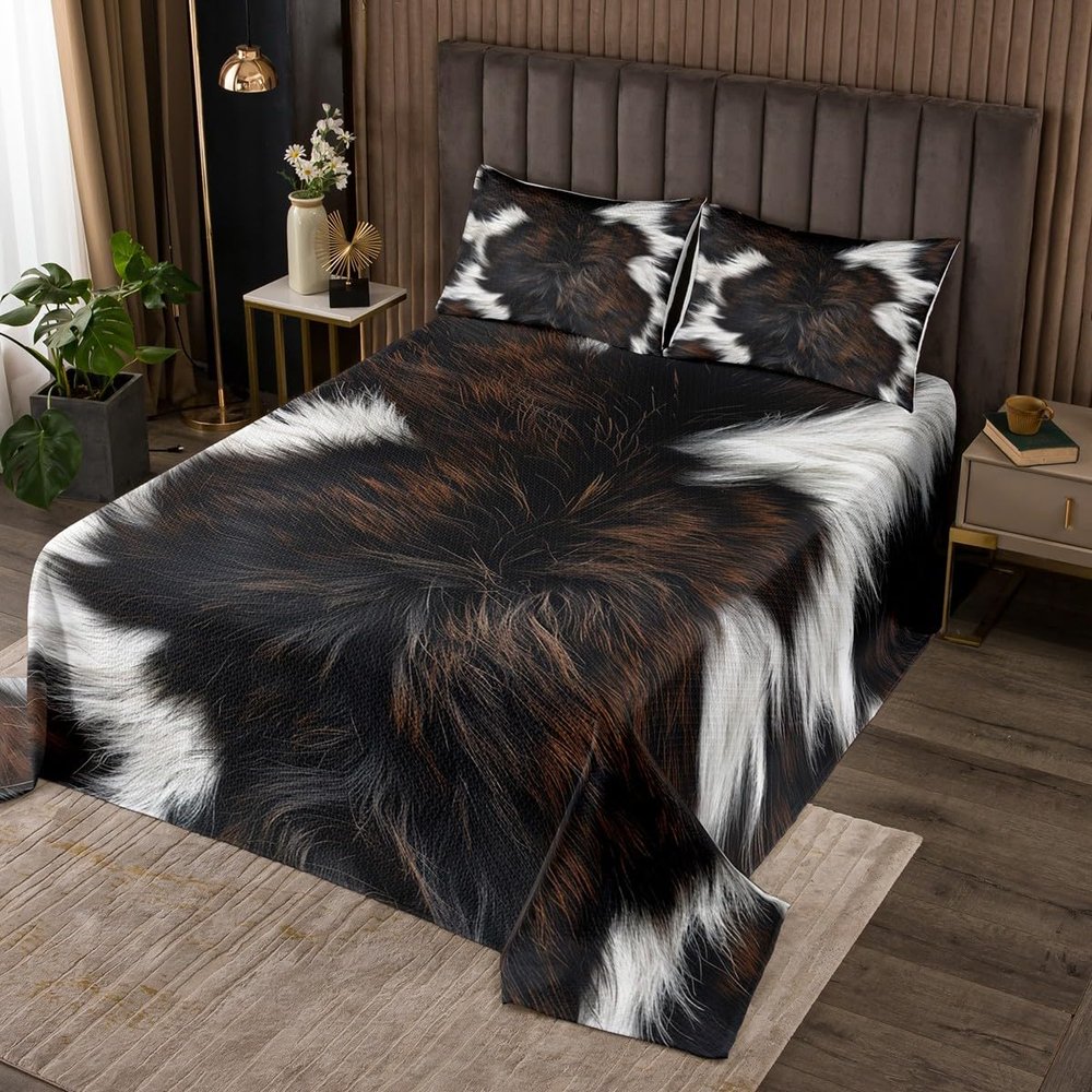 Boys Kids Cow Skin Printed Bedspread Queen Size,Black White Fur Coverlet Set 3 Pieces,Girls Cowhide Print Quilted Soft Warm Home Hotel Dorm Room Decoration No Comforter Filling