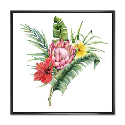 DesignQ Flowers Bouquet With Protea Hibiscus Plumeria - Traditional Framed Canvas Wall Art Print