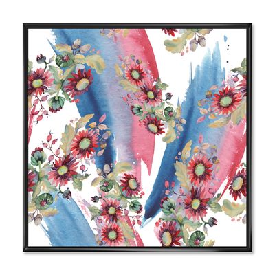 DesignQ Red Aster and Acorn Bouquet - Modern Framed Canvas Wall Art Print