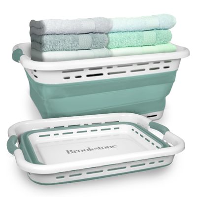 BROOKSTONE 11 GALLON XL 24" Collapsible Laundry Basket & Clothes Hamper, Comfort Non-Slip Handles, Modern Laundry Hamper with Space Saving Design, Portable Pop-Up Hamper, BPA FREE, Mint, 1 Pack