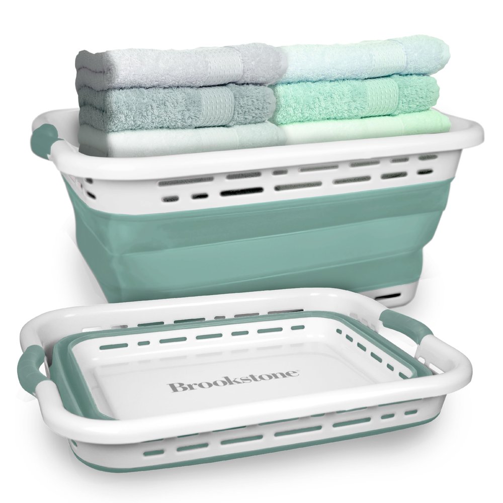 BROOKSTONE 11 GALLON XL 24" Collapsible Laundry Basket & Clothes Hamper, Comfort Non-Slip Handles, Modern Laundry Hamper with Space Saving Design, Portable Pop-Up Hamper, BPA FREE, Mint, 1 Pack