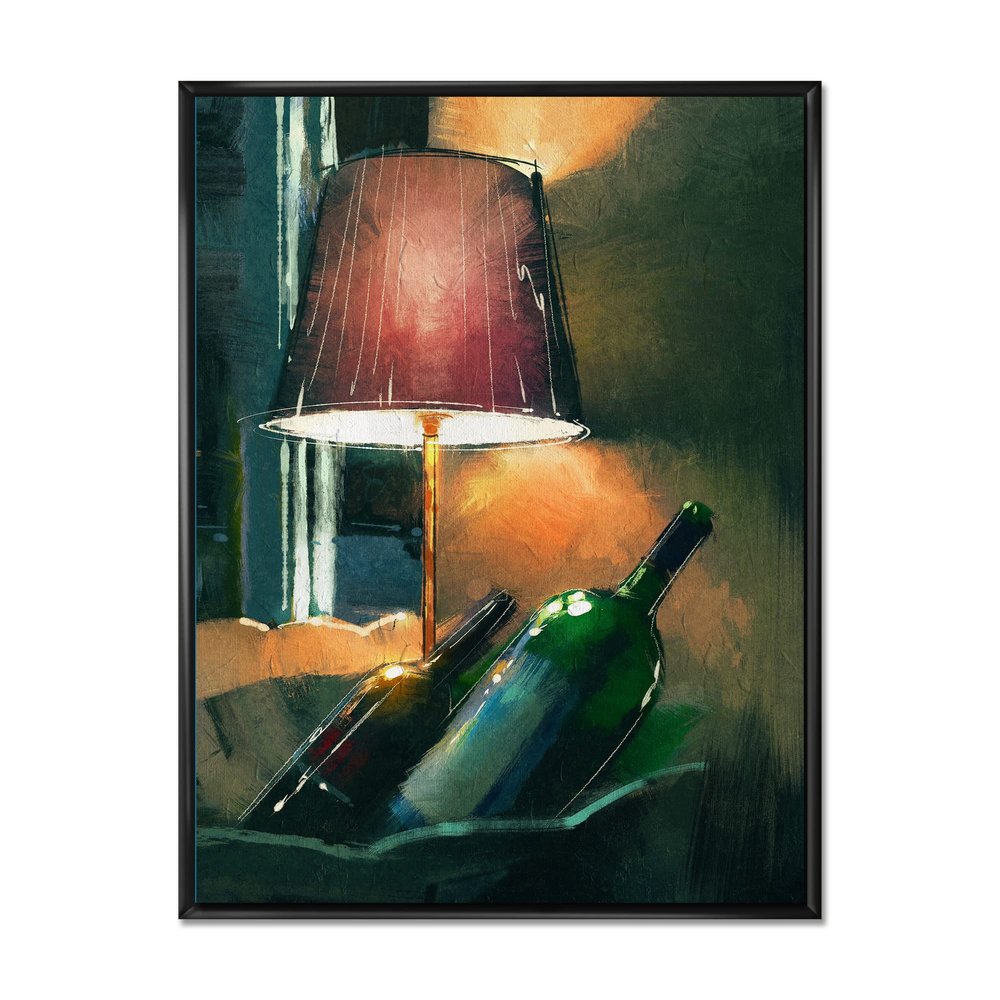 DesignQ Wine Bottles & Lamp Glowing Orange In The Night - Modern Framed Canvas Wall Art Print