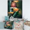 DesignQ Wine Bottles & Lamp Glowing Orange In The Night - Modern Framed Canvas Wall Art Print view 2
