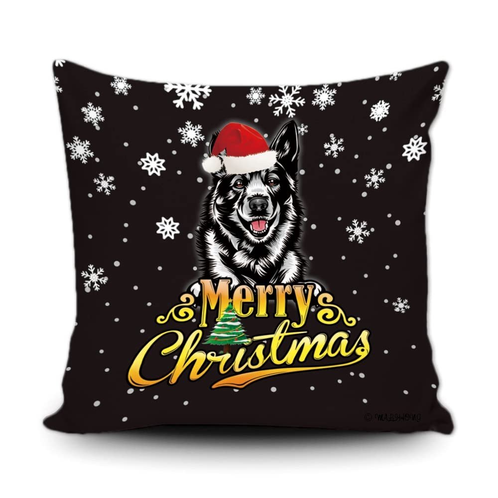 Merry Christmas Norwegian Elkhound Peeking Dog with Santa Hat Pillow Case Christmas Tree Snowflake Black Throw Pillow Cover for Holiday Decoration 20x20 Inch