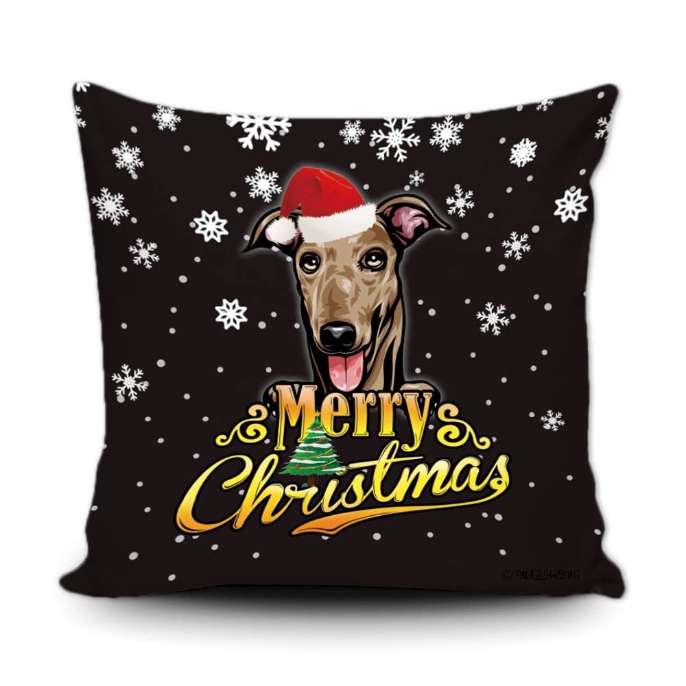 Merry Christmas Greyhound Peeking Dog with Santa Hat Pillow Case Christmas Tree Snowflake Black Throw Pillow Cover for Holiday Decoration 18x18 Inch