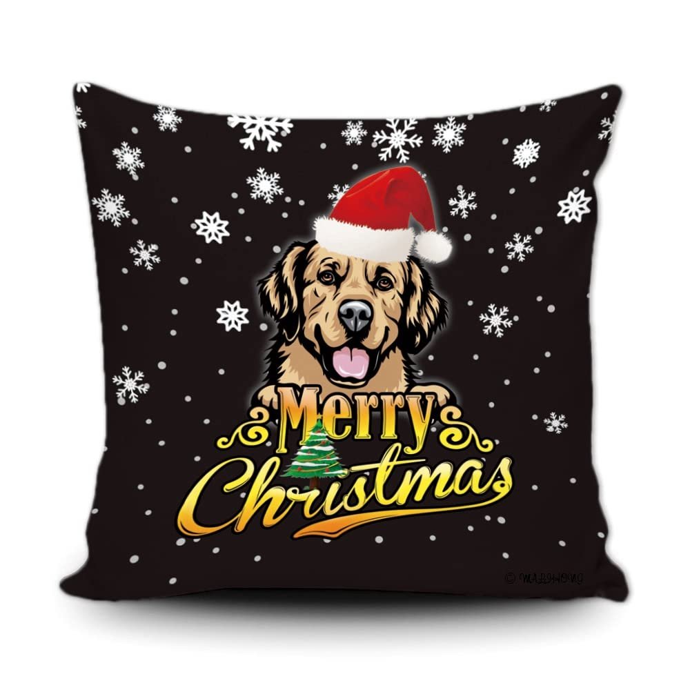 Merry Christmas Golden Retriever Peeking Dog with Santa Hat Pillow Case Christmas Tree Snowflake Black Throw Pillow Cover for Holiday Decoration 18x18 Inch