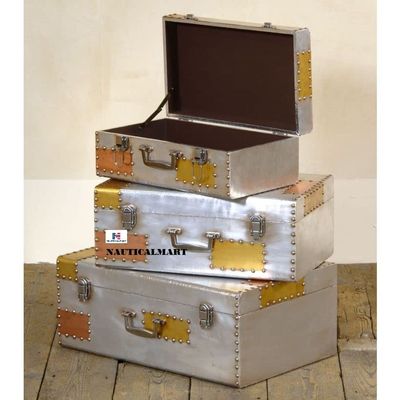 Nautical-Mart Dakota Trunk Set Aluminium Aviator Home Furniture (Set Of 3)