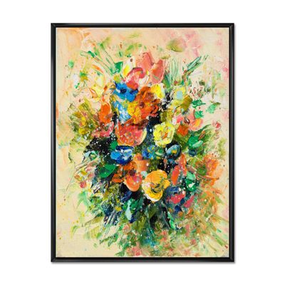 DesignQ Vintage Fresh Flowers Bouquet of Wildflowers - Traditional Framed Canvas Wall Art Print