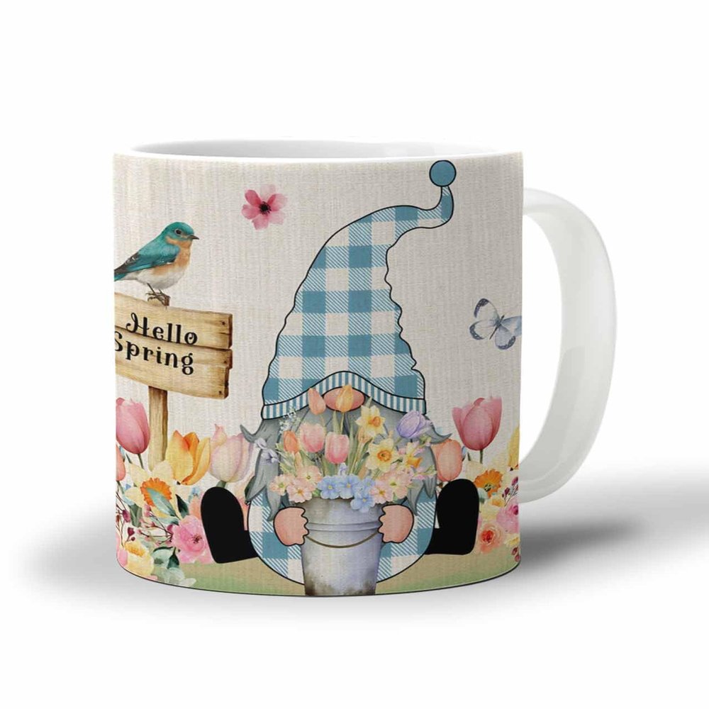 Ceramics Coffee Mug, Spring Tea Mugs 12 Ounce Hot Drink Cocoa Cups, Flower Blue Gnomes Spring Floral Office Teacup Funny Birthday Holiday Gifts, 1 PCS