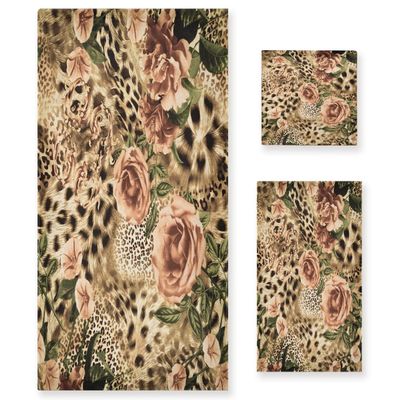 YoCosy 3-Piece Towel Set, Leopard Print Flower Floral Bath Towel Sets Absorbent Soft Towels for Bathroom Quick Dry Cotton Bath Sheets (Contains 1 Bath Towel, 1 Hand Towel, 1 Washcloth)