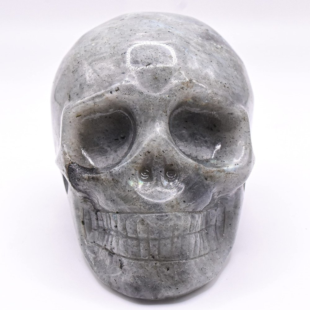 3.8" 590g Labradorite Hand Carved Human Skull Figurine Polished Natural Sparkling Feldspar Gemstone Crystal Mineral Decorative Specimen - Madagascar