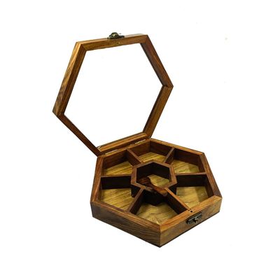 Ark Wood Art International Spice Box | Masala Box |Handmade Dry Fruit Container | Handcrafted with Indian Rosewood & 7 Non-Detachable Containers in Hexagonal Shape