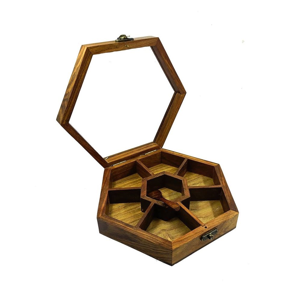 Ark Wood Art International Spice Box | Masala Box |Handmade Dry Fruit Container | Handcrafted with Indian Rosewood & 7 Non-Detachable Containers in Hexagonal Shape