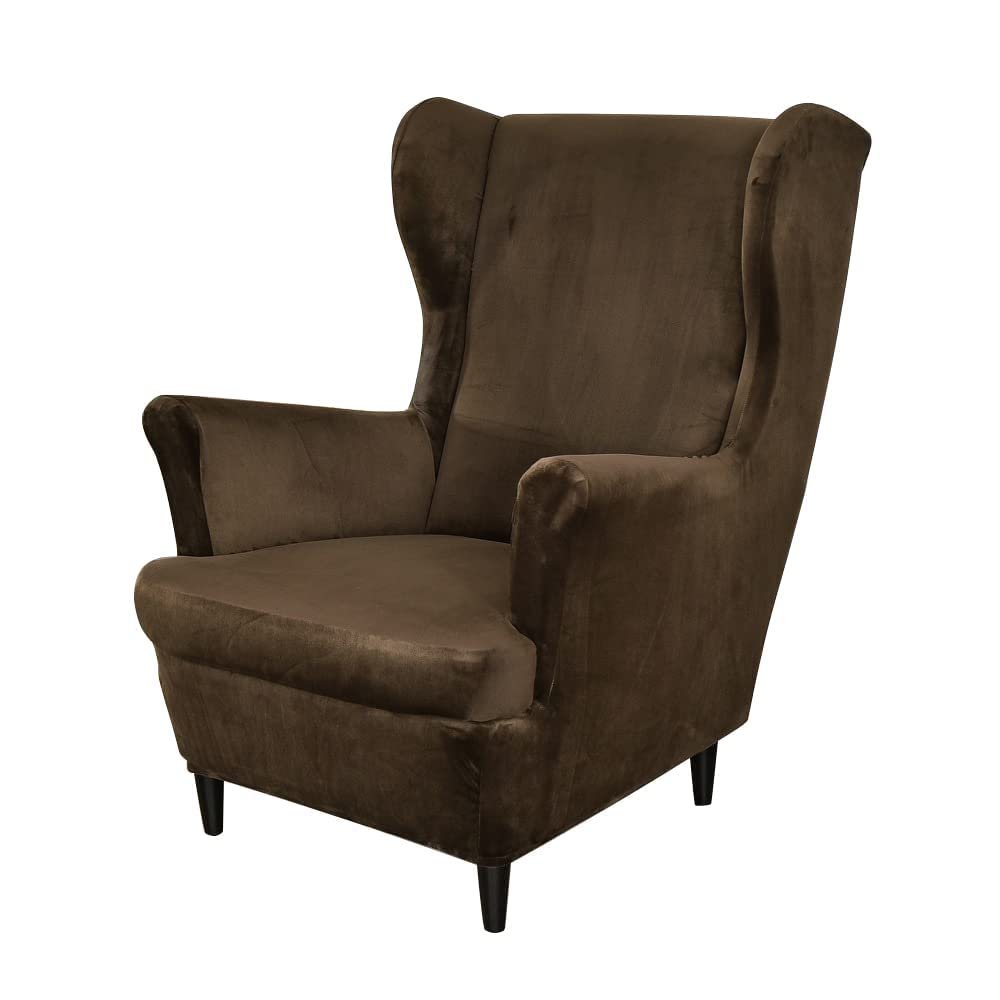Velvet Wing Chair Slipcovers, 2 Piece Wingback Chair Cover Stretch T-Cushion Wing Back Armchair Sofa Covers Plush Sofa Slipcover Soft Furniture Protector for Living Room (Brown)