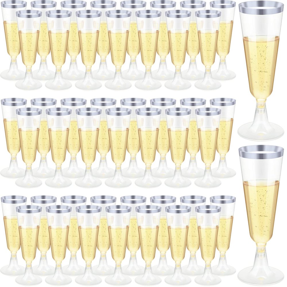 CHENGU 200 Pack Plastic Champagne Flutes, 5 oz Disposable Shatterproof Champagne Glasses Toasting Wine Glasses Cocktail Cups for Wedding, Parties, New Year's Eve for Celebration(Silver)