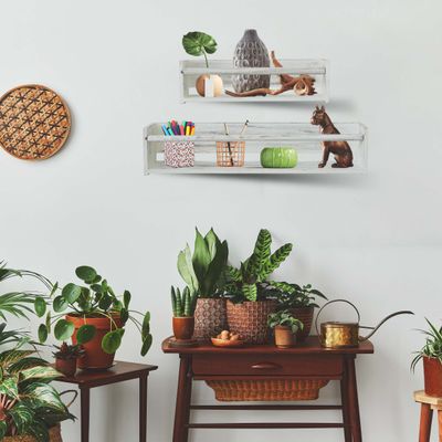 DQ DQ HOME DECOR Wood Floating Wall Shelves Set of 2, Wall Shelves Organizer for Bedrooms, Hallways, Stairways, Entryways, Kitchens, and Bathrooms (Distressed White)