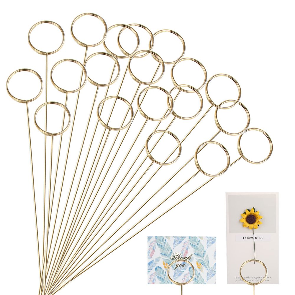 KIMOBER 30PCS Metal Floral Place Card Holder,13.4 Inch Golden Round Flower Picks Photo Memo Clips Gift Card Holder for Flower Arrangements,Wedding and Birthday Party