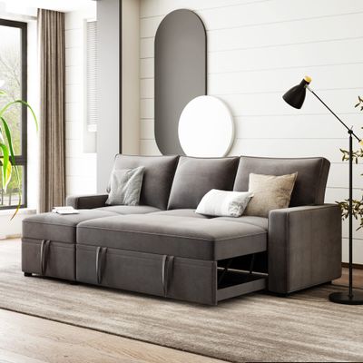 82.1" Reversible Sectional Sofa with 2 Pull-Out Sleepers, L-Shaped Corner 3-Seat Couch Space Saving Functional Sofa Bed, Loveseat with Chaise for Living Room Small Space