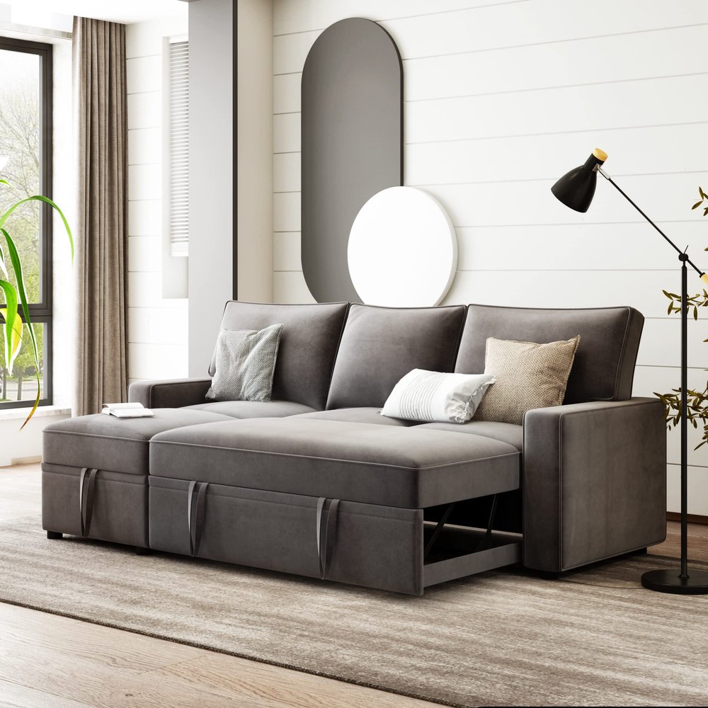82.1" Reversible Sectional Sofa with 2 Pull-Out Sleepers, L-Shaped Corner 3-Seat Couch Space Saving Functional Sofa Bed, Loveseat with Chaise for Living Room Small Space