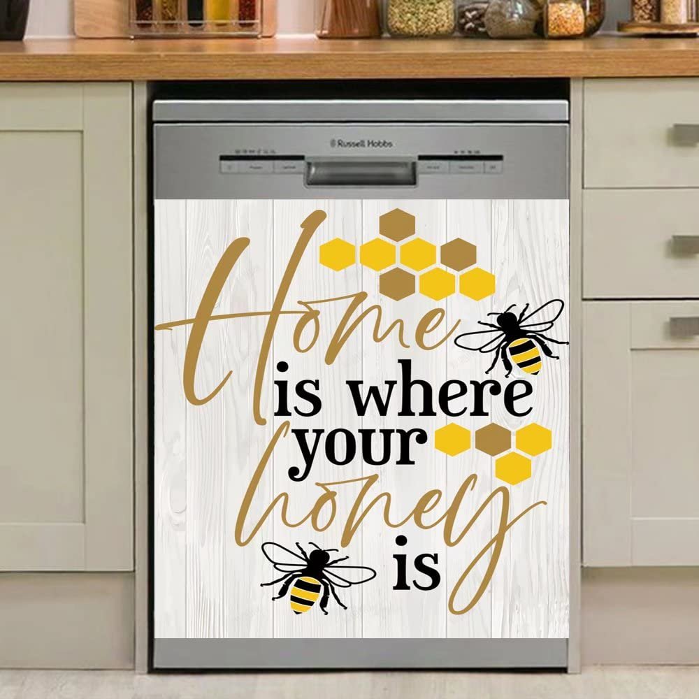 Bee Dishwasher Magentic Cover, Honeycomb Decoration Self Adhesive Magnet Refrigerator Decal, Farmhouse Kitchen Home Appliances Decorative Stickers 23inch W x 17inch H