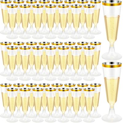 CHENGU 200 Pack Plastic Champagne Flutes, 5 oz Disposable Shatterproof Champagne Glasses Toasting Wine Glasses Cocktail Cups for Wedding, Parties, New Year's Eve for Celebration(Gold)