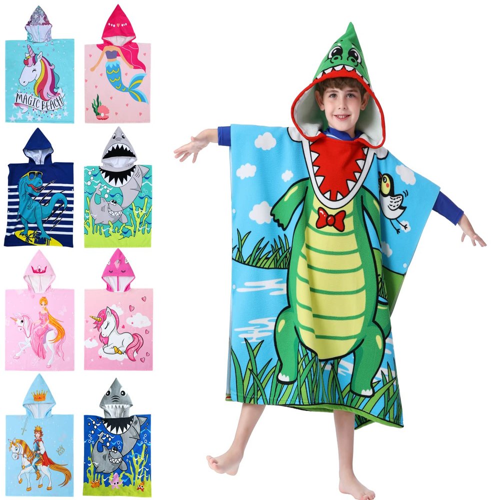 Athaelay Soft Microfiber Swim Cover-ups for 3 to 10 Years Old Kids Hooded Bath Beach Poncho Towels (Alligator, Fits 3-10 Years)