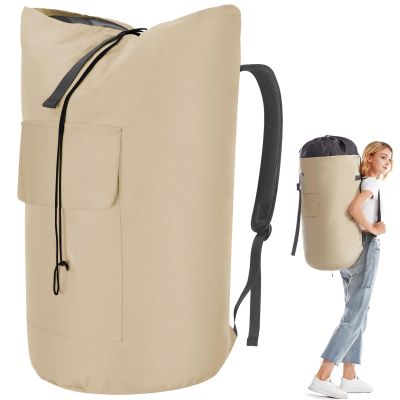 Backpack Laundry Bag, 115L Heavy Duty Extra Large College Laundry Backpack, Dirty Clothes Bag with Shoulder Straps, Laundry Hamper Bag with Drawstring Closure for College Dorm, Apartment Khaki