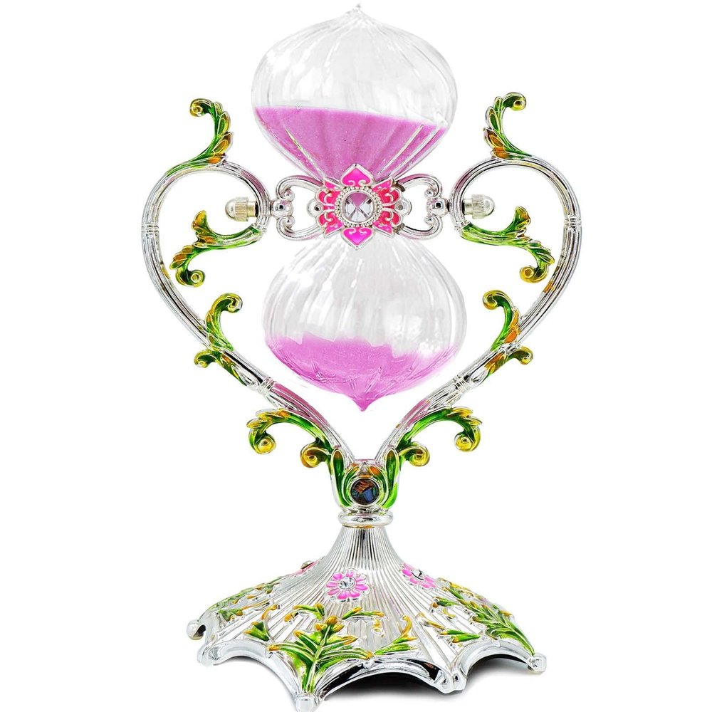 Hourglass Sand Timer Decorative,360 Rotating Metal White Sand Watch 30 Min,Antique Hour Glass Decor for Office Desk- Crafts,Ornaments(Pink Sand)
