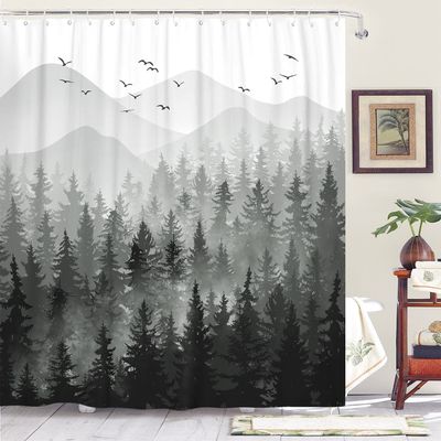 Accnicc Black and White Misty Forest Shower Curtain Ombre Dark Gray Mountain Pine Tree Waterproof Fabric Shower Curtains for Bathroom Grey Nature Woodland Decorative Bath Curtain Decor 7272 Inches