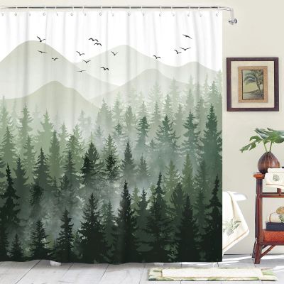 Accnicc Misty Forest Shower Curtain Nature Mountain Pine Tree Woodland Shower Curtains for Bathroom Ombre Sage Green White Waterproof Fabric Modern Bath Curtain Decor 7272 Inches