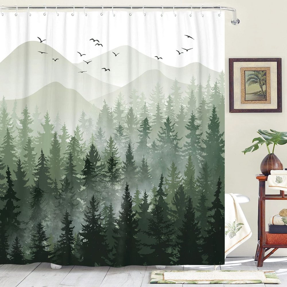 Accnicc Misty Forest Shower Curtain Nature Mountain Pine Tree Woodland Shower Curtains for Bathroom Ombre Sage Green White Waterproof Fabric Modern Bath Curtain Decor 7272 Inches