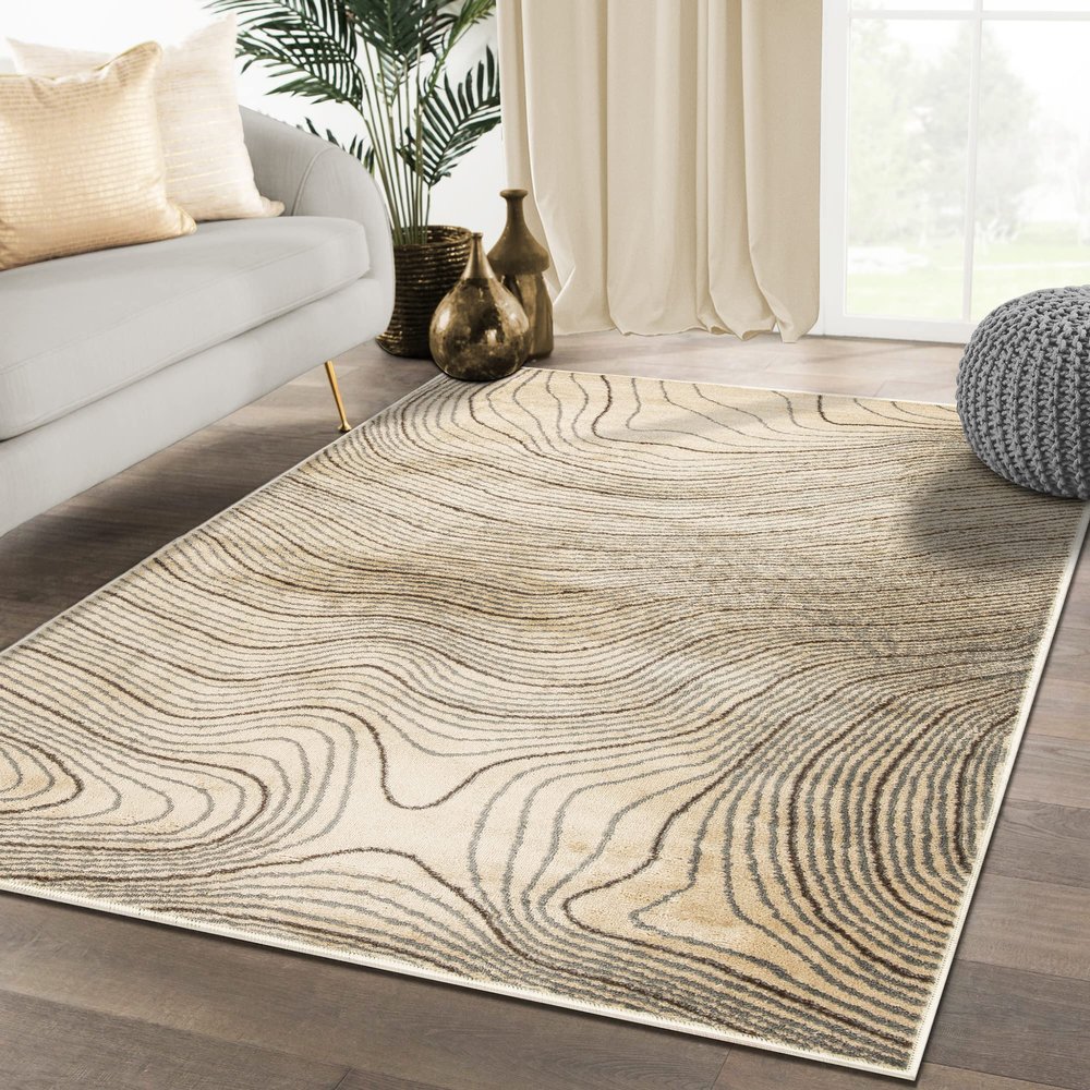 Superior Indoor Area Rug, Plush Carpet Cover, High-Traffic Rugs, Jute Backing, Hallways, Entry, Office, Living Room, Kitchen, Modern Abstract Wood Grain, Veer Collection, 7' x 9', Beige