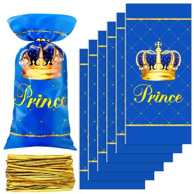 Geyee 100 Pcs Royal Prince Party Favor Bags Plastic Gift Bags Blue Candy Pouches with Ties Treat Goodie Pouches with 150 Pcs Gold Twist Ties for Birthday Party Baby Shower Supplies, 5 x 11 Inch