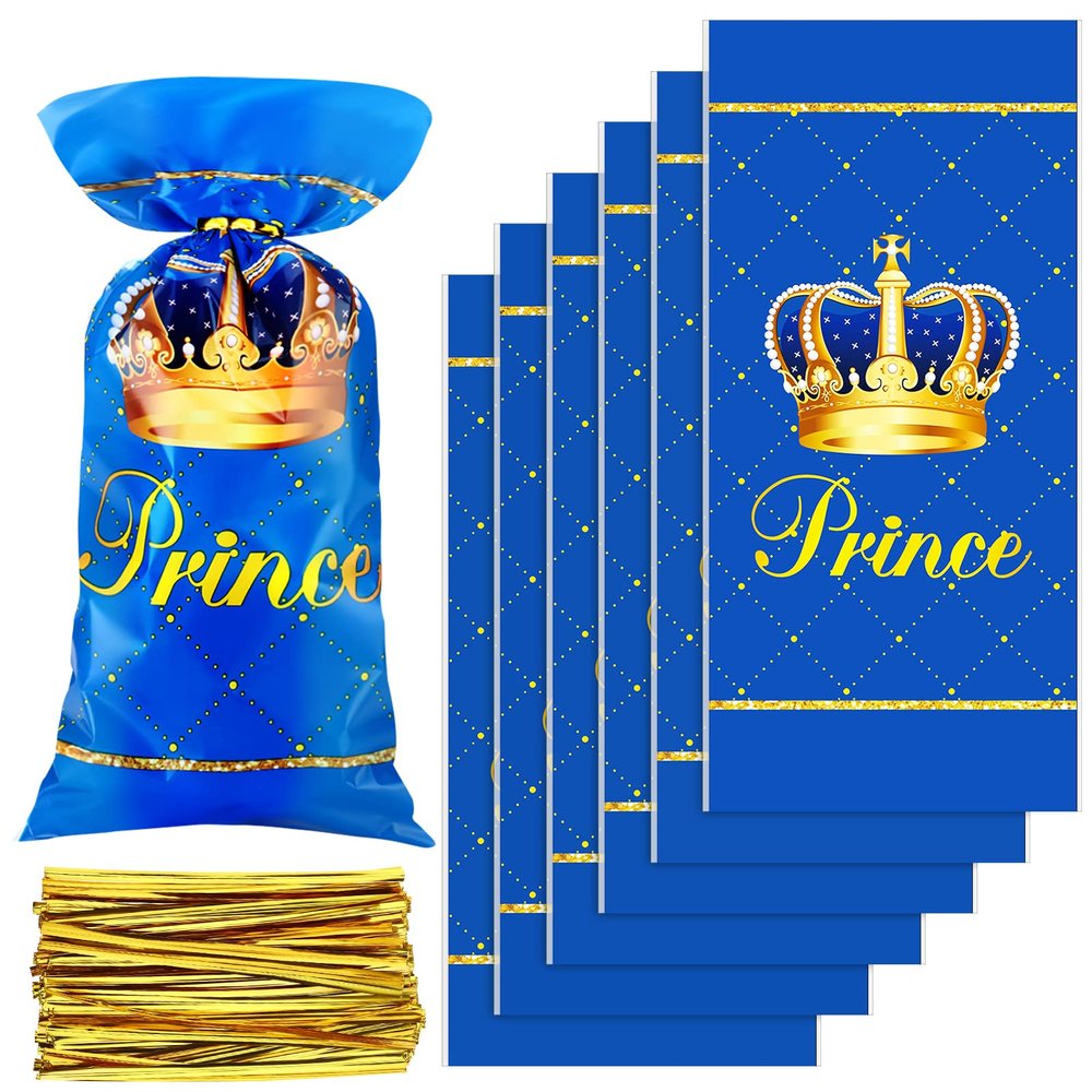 Geyee 100 Pcs Royal Prince Party Favor Bags Plastic Gift Bags Blue Candy Pouches with Ties Treat Goodie Pouches with 150 Pcs Gold Twist Ties for Birthday Party Baby Shower Supplies, 5 x 11 Inch
