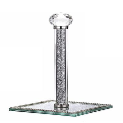Handmade Silver Paper Towel Roll Holder, Filled with Sparkly Crystal Crushed Diamonds for Kitchen / Bathroom Towel Tissue Roll Countertop, 13 Inch Height 6.3 Inch Square Base Freestanding Holder