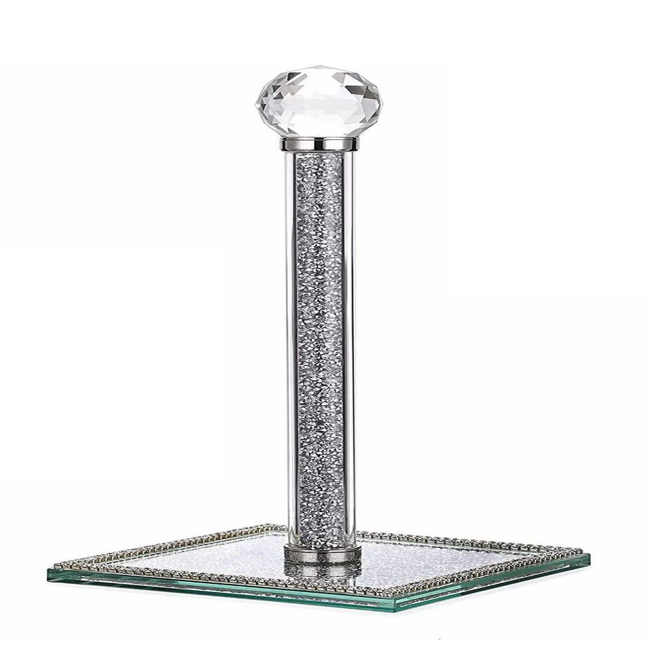 Handmade Silver Paper Towel Roll Holder, Filled with Sparkly Crystal Crushed Diamonds for Kitchen / Bathroom Towel Tissue Roll Countertop, 13 Inch Height 6.3 Inch Square Base Freestanding Holder