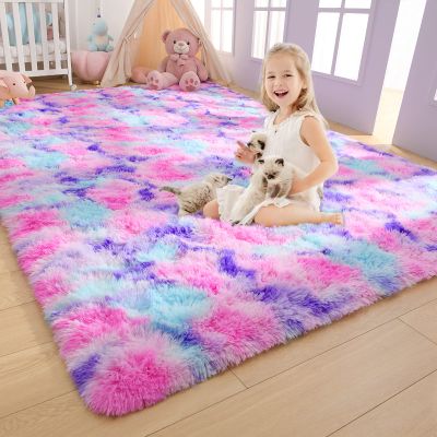 AROGAN Soft Rainbow Area Rugs for Girls Room 5x8 Feet, Fluffy Girls Bedroom Rugs, Princess Rug, Cute Colorful Carpet for Kids Teens Nursery Toddler, Hot Pink