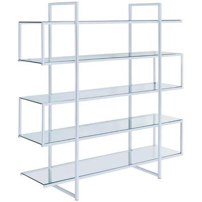 BOWERY HILL 5 Shelf Contemporary Clear Glass Top Bookcase in Chrome