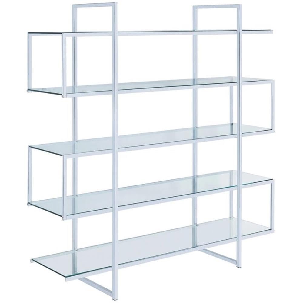 BOWERY HILL 5 Shelf Contemporary Clear Glass Top Bookcase in Chrome