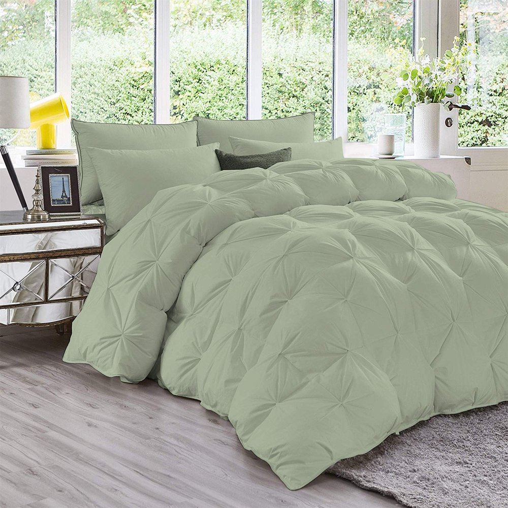 Wega Linen All-Season Goose Down Sage Green Pinch Pleated Comforter Set Twin 1 Piece Quiled Comforter Cotton