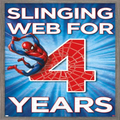 Trends International Marvel Spider-Man - Happy 4th Birthday Wall Poster, 34L x 22.4W, Barnwood Framed Version