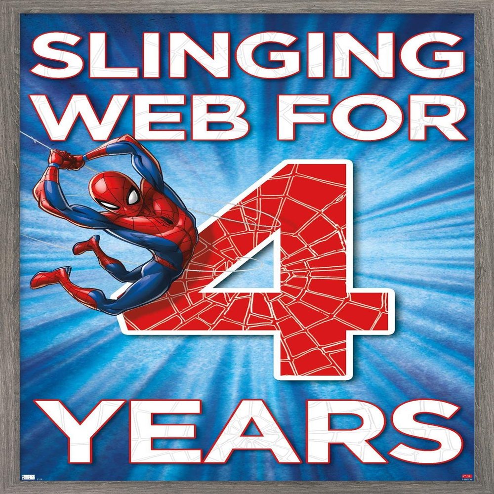 Trends International Marvel Spider-Man - Happy 4th Birthday Wall Poster, 34L x 22.4W, Barnwood Framed Version