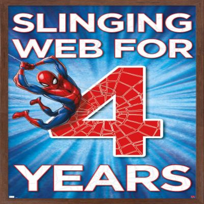 Trends International Marvel Spider-Man - Happy 4th Birthday Wall Poster, 34L x 22.4W, Mahogany Framed Version