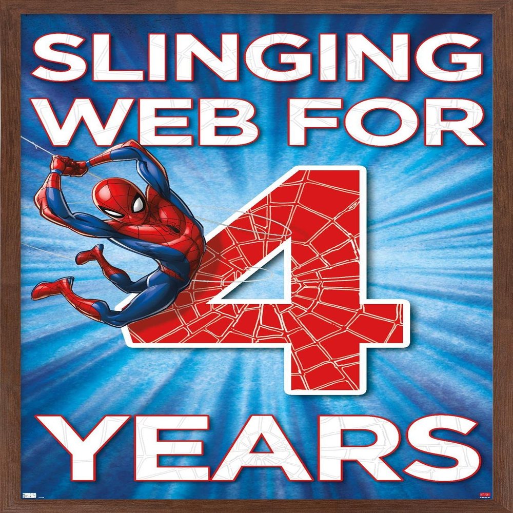Trends International Marvel Spider-Man - Happy 4th Birthday Wall Poster, 34L x 22.4W, Mahogany Framed Version