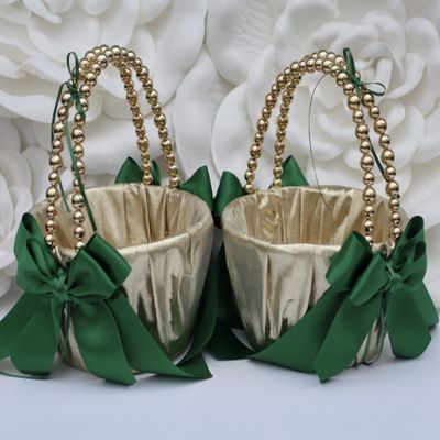 Two Flower Girl Basket ONLY, Wedding Baskets, Pearl Handle Baskets, Gold Basket